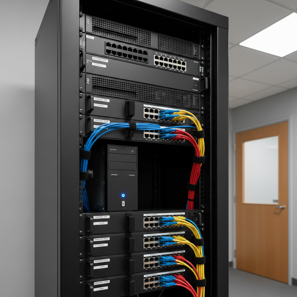 A row of meticulously organized enterprise-grade networking hardware in a small server room, including black rack-mounted switches, patch panels, and a compact tower server with a soft blue power light. Each Ethernet cable is color-coded and neatly bundled, feeding into labeled ports to suggest structured IT support. The equipment is housed in a matte black rack against a neutral gray wall, with a closed door leading to an office area just visible in the background. Cool white LED ceiling panels cast even, shadow-free light, highlighting the textures of metal vents and plastic ports. Captured from a slightly low, three-quarter angle with sharp focus throughout, the photographic image feels precise, professional, and quietly powerful, embodying dependable business technology infrastructure.