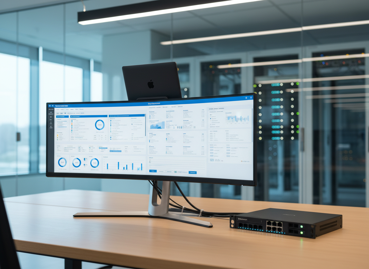 A sleek, high-end business workstation setup featuring a slim black enterprise laptop docked into a matching ultrawide monitor, both displaying a clean blue-and-white network dashboard interface. The devices rest on a tidy light-wood desk with neatly routed cables, next to a compact black server-grade router with status LEDs softly aglow. The scene is set in a modern glass-walled office with blurred racks of networking equipment in the background. Cool, diffused daylight from large windows mixes with subtle overhead LED lighting, creating gentle reflections on metallic edges. Shot at eye level with a shallow depth of field, emphasizing the primary devices while softly blurring the environment. The photographic realism and clean, modern aesthetic convey professional, reliable IT support for business electronics.