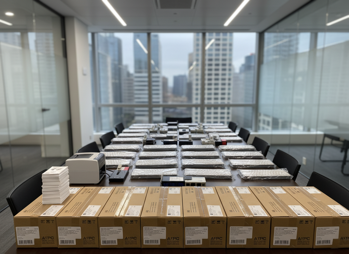 A conference room table prepared for a business IT rollout, covered with neatly arranged boxed laptops, shrink-wrapped wireless keyboards, and labeled network accessories ready for deployment. Each box is aligned with precision, barcodes and specifications facing outward, beside a compact label printer and a stack of printed asset tags. The table is a dark walnut surface within a glass-partitioned meeting room, while a blurred city skyline is visible through large windows. Overhead recessed lighting casts clean, neutral illumination with subtle reflections on the plastic wraps and glossy cardboard. Captured from a wide, slightly elevated angle in photographic realism, with sharp focus on the near boxes and a gentle falloff toward the windows. The mood is organized, efficient, and anticipatory, emphasizing professional, large-scale electronic provisioning for businesses.