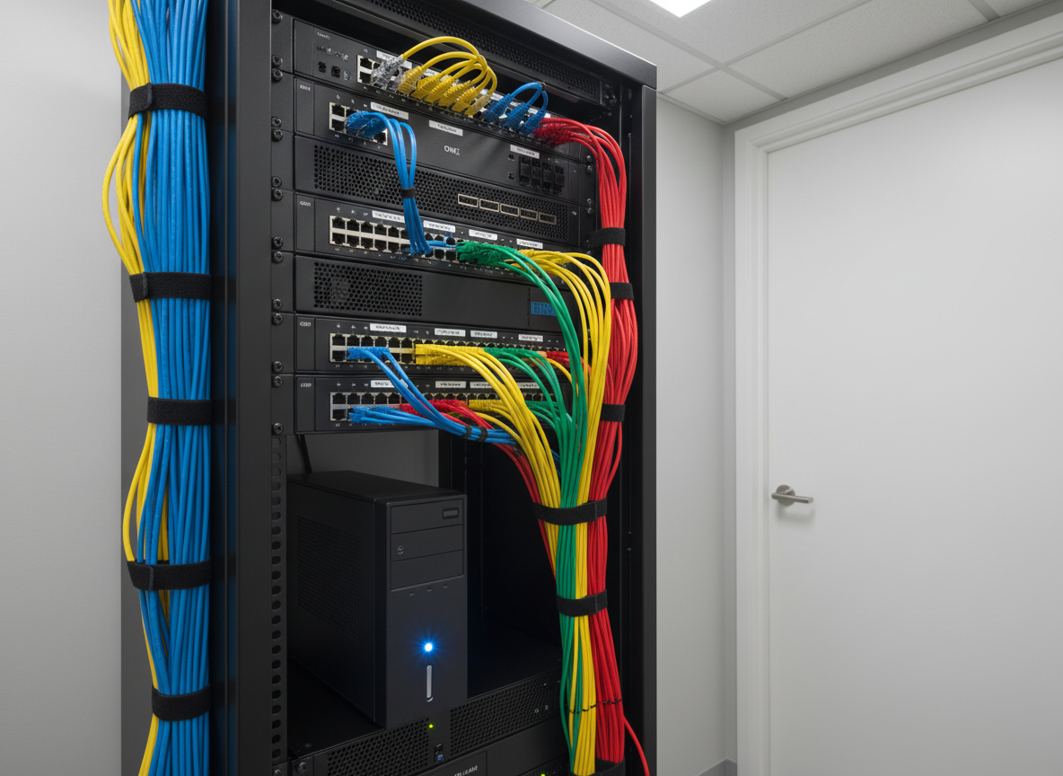 A row of meticulously organized enterprise-grade networking hardware in a small server room, including black rack-mounted switches, patch panels, and a compact tower server with a soft blue power light. Each Ethernet cable is color-coded and neatly bundled, feeding into labeled ports to suggest structured IT support. The equipment is housed in a matte black rack against a neutral gray wall, with a closed door leading to an office area just visible in the background. Cool white LED ceiling panels cast even, shadow-free light, highlighting the textures of metal vents and plastic ports. Captured from a slightly low, three-quarter angle with sharp focus throughout, the photographic image feels precise, professional, and quietly powerful, embodying dependable business technology infrastructure.
