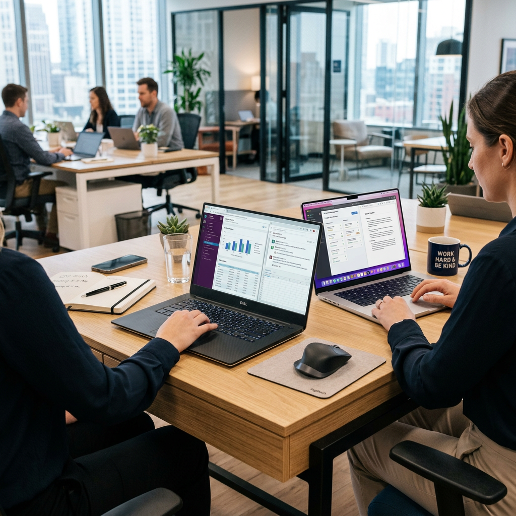 Two people using laptops at a shared wooden desk in a modern office