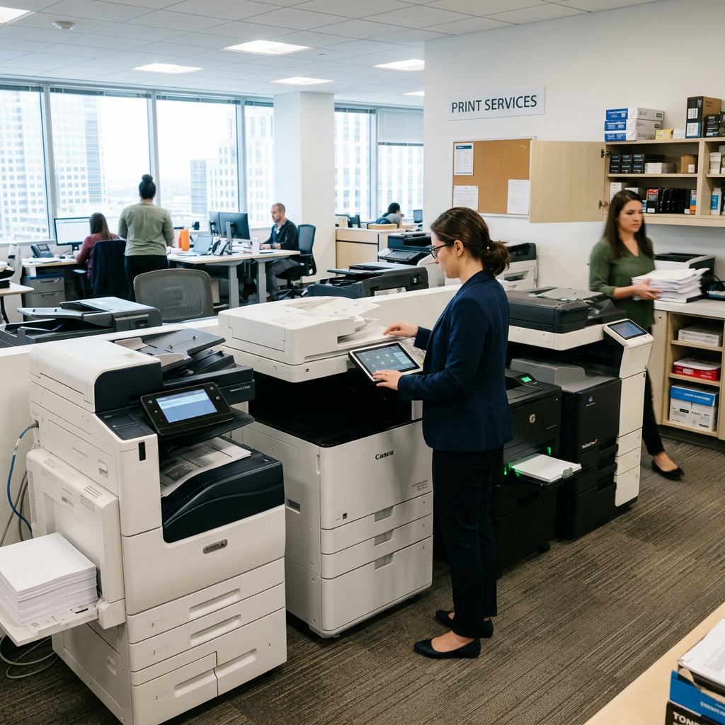 Office print services room with multiple printers and employees working