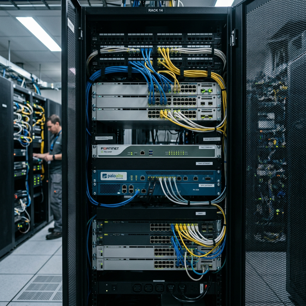 Server rack with network switches and cables in a data center