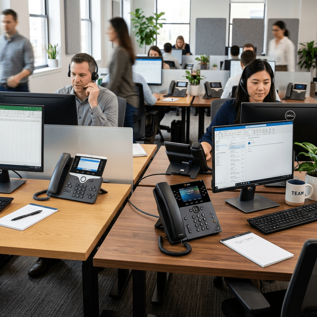 Office workers at desks using computers and headsets in an open-plan workspace