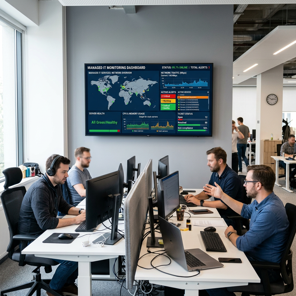 IT professionals working at desks with computers and a large network monitoring dashboard on the wall showing global server status and alerts
