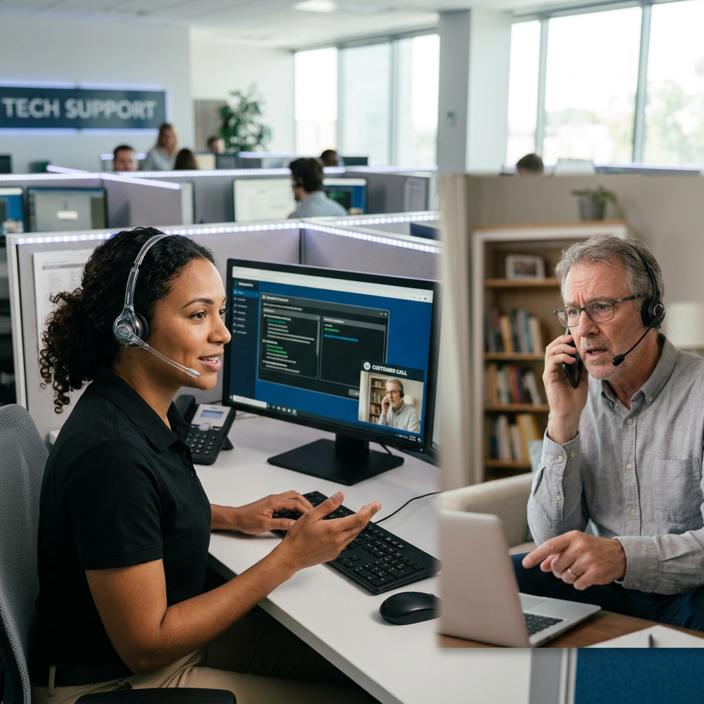 Tech support agent talking on headset with customer on video call