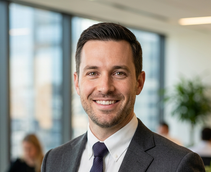 Smiling man in dark suit and tie in office with coworkers and plants in background